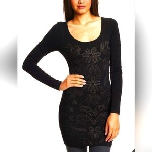 Free People Embroidered Metallic Bodycon long sleeve black midi dress in Small